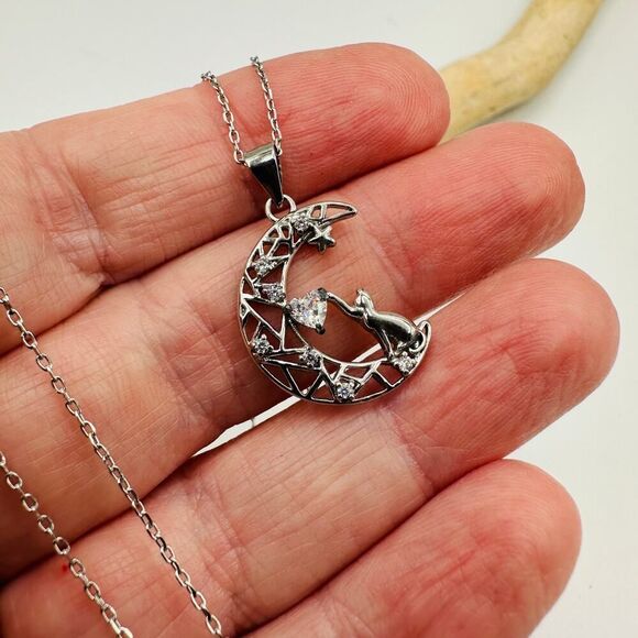 Cat Crescent Moon CZ Heart Sterling Silver Necklace - Picture 3 of 3